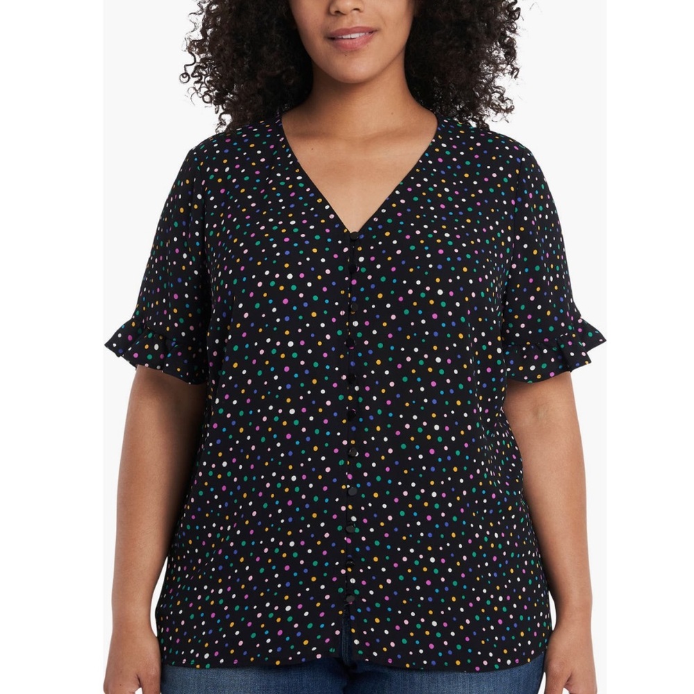CeCe Polka Dot Blouse 3X Black Button Front V-Neck Flutter Sleeve